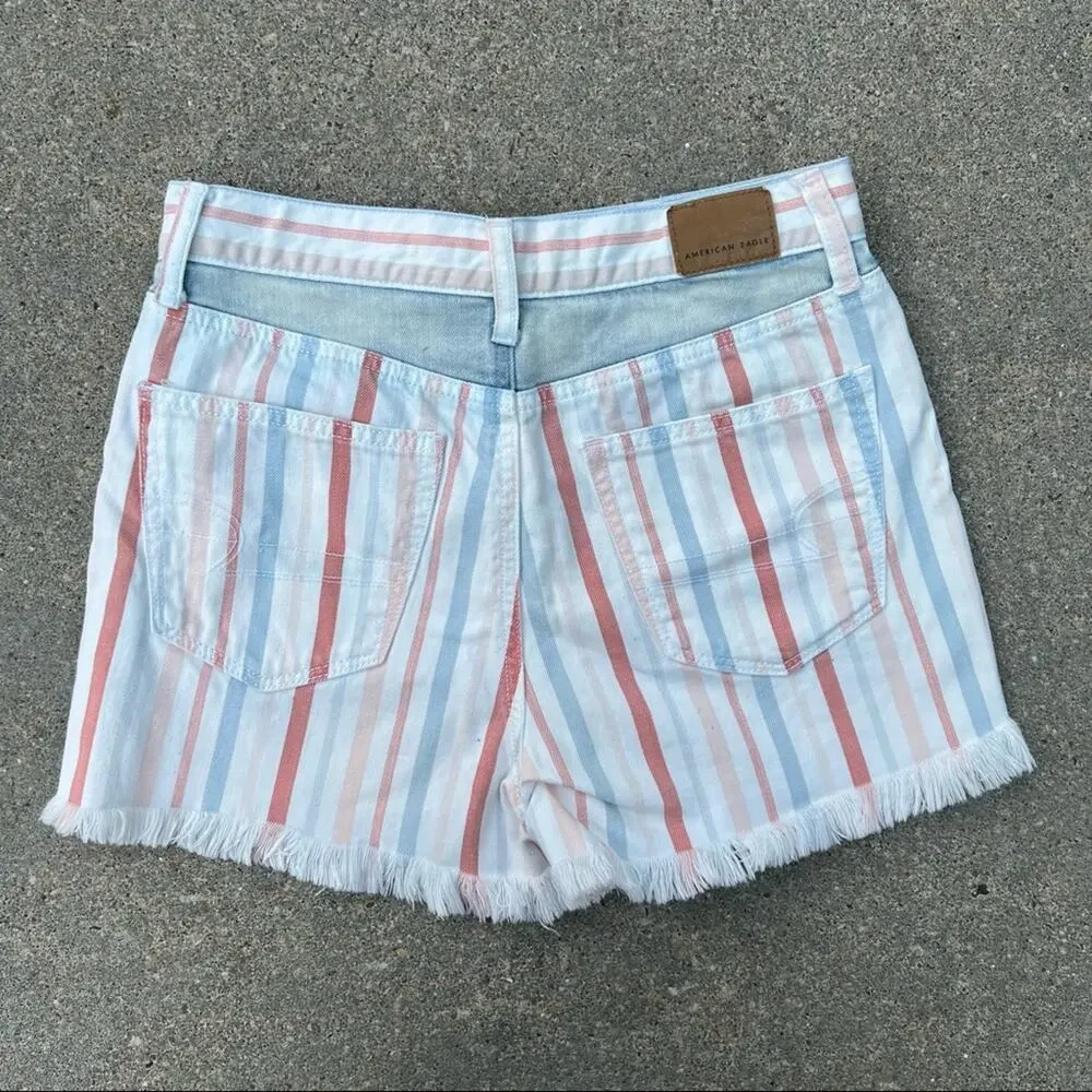 AEO Mom Shorts pastel stripe pink blue frayed hem jean shorts Size 2 - Picture 2 of 6
